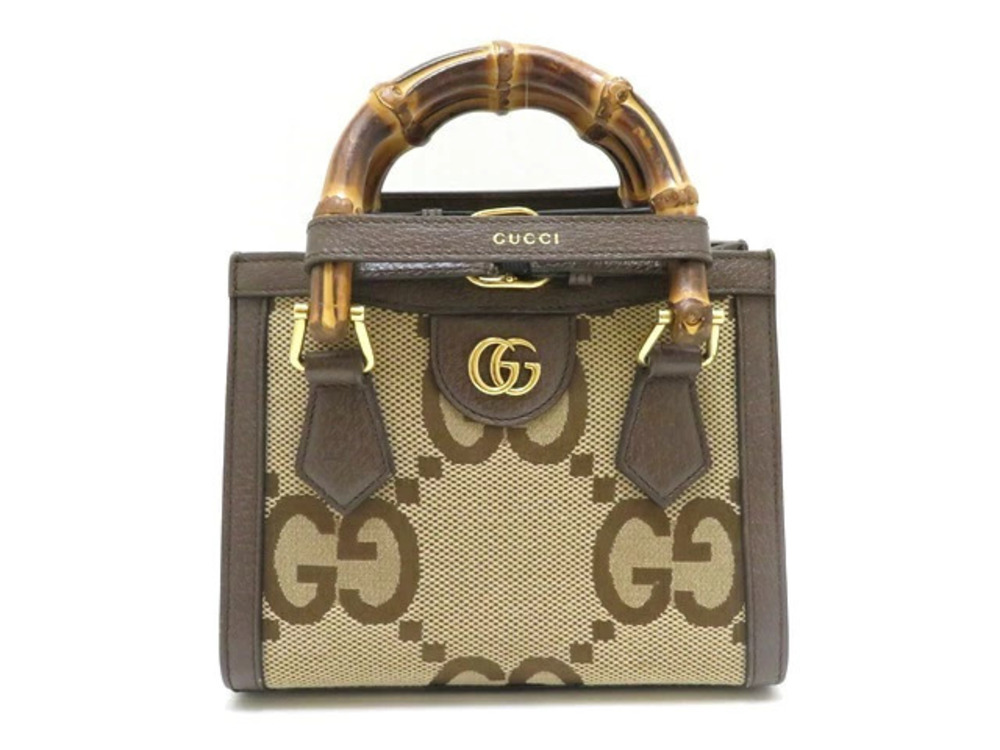 Gucci Jumbo GG Bag Canvas Calfskin Bamboo Top Handle Bag Dark Brown Beige